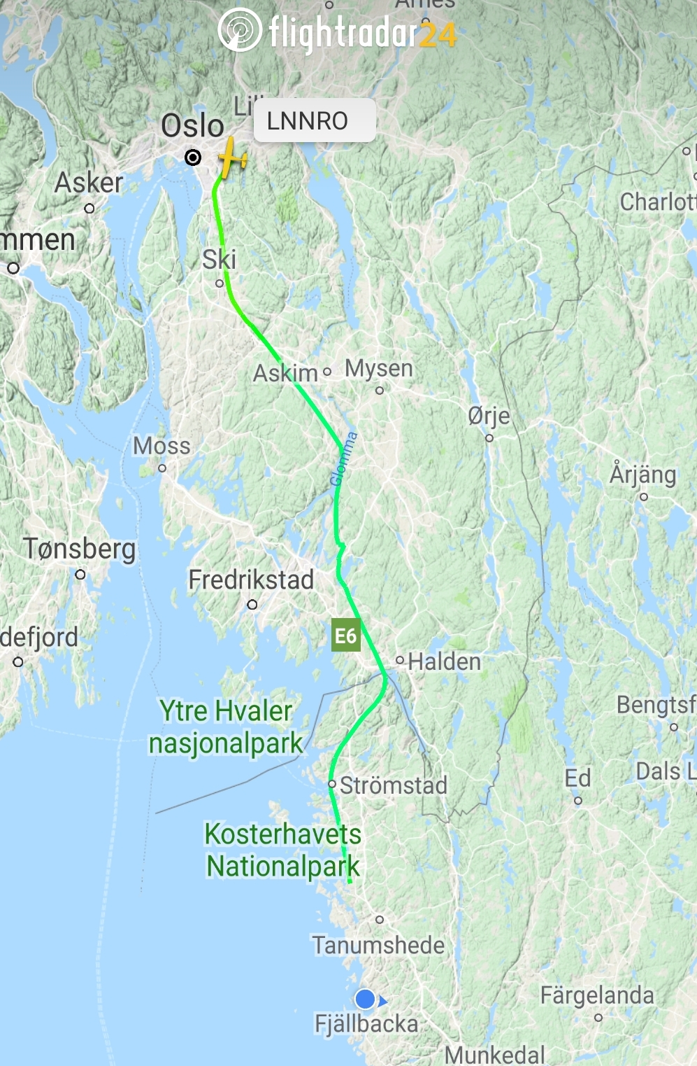Flyturen nedover til Fjällbacka registrert av Flightradar24.
